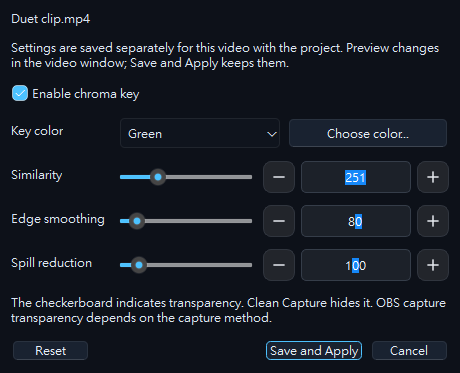 Per-video chroma key settings