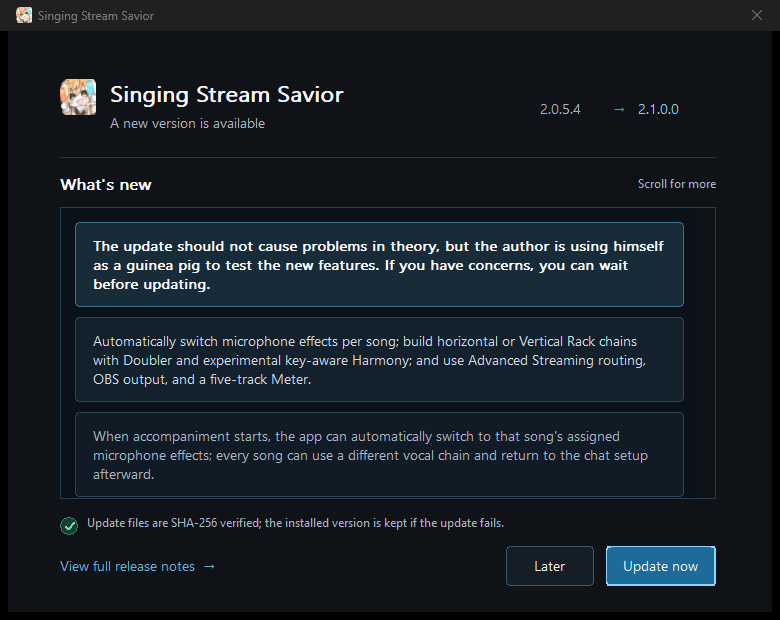 Launcher 1.2 card-style update prompt with versions and release-note cards