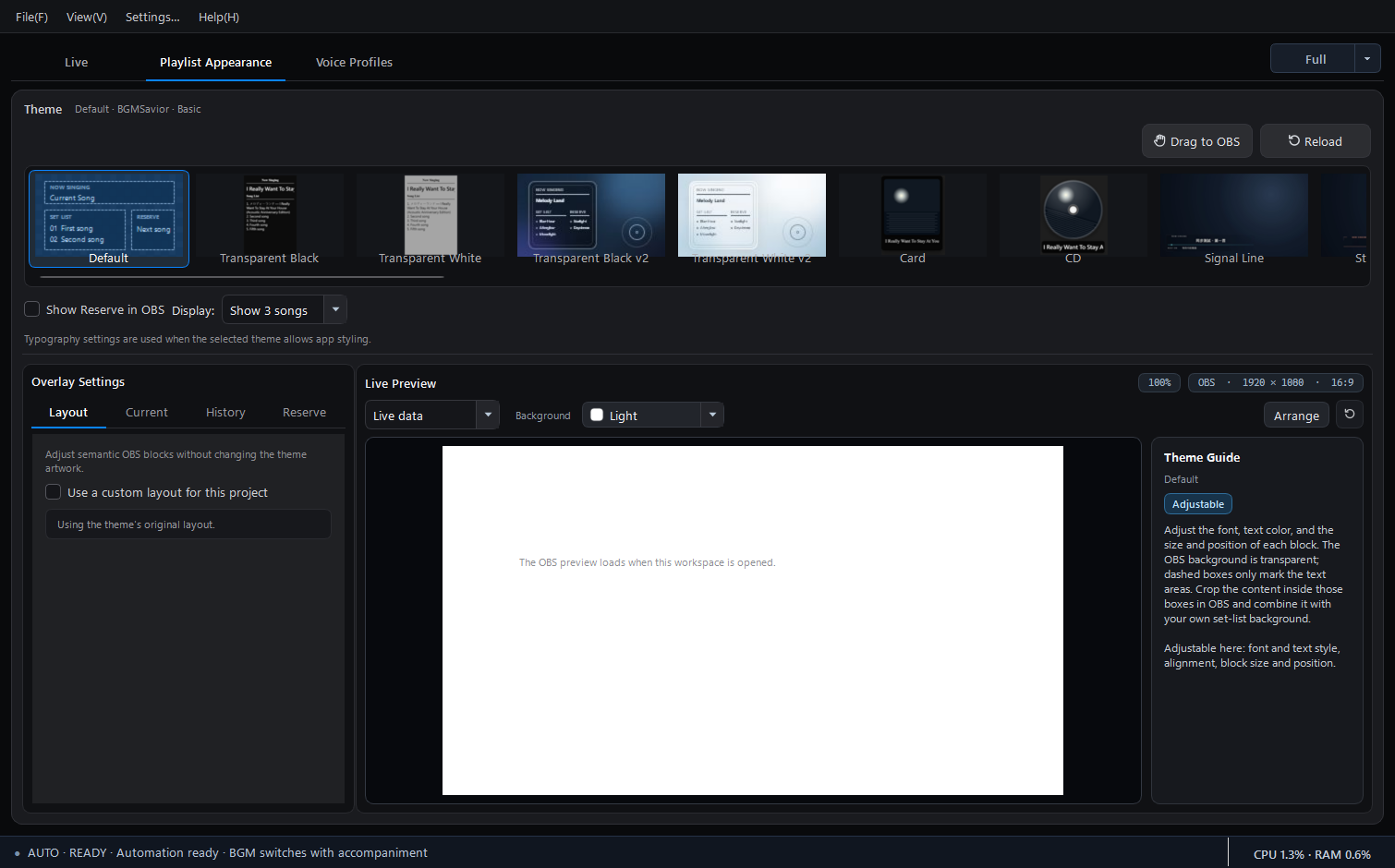 The 2.1 Playlist Appearance workspace