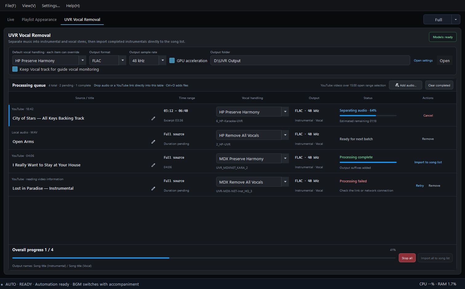 Keep the Vocal track in UVR to use the separated voice for guide vocal monitoring.